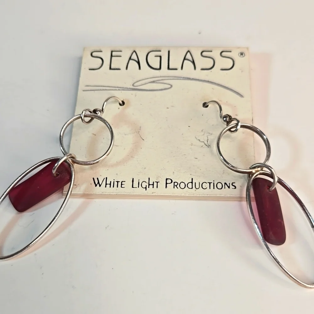 Silver & Sea Glass Elegant Drop Earrings Big Sur Dark Pink NWT